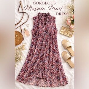 DKNY Pleated Floral Dress Size 4 Tie Neck Sleeveless Midi Burgundy